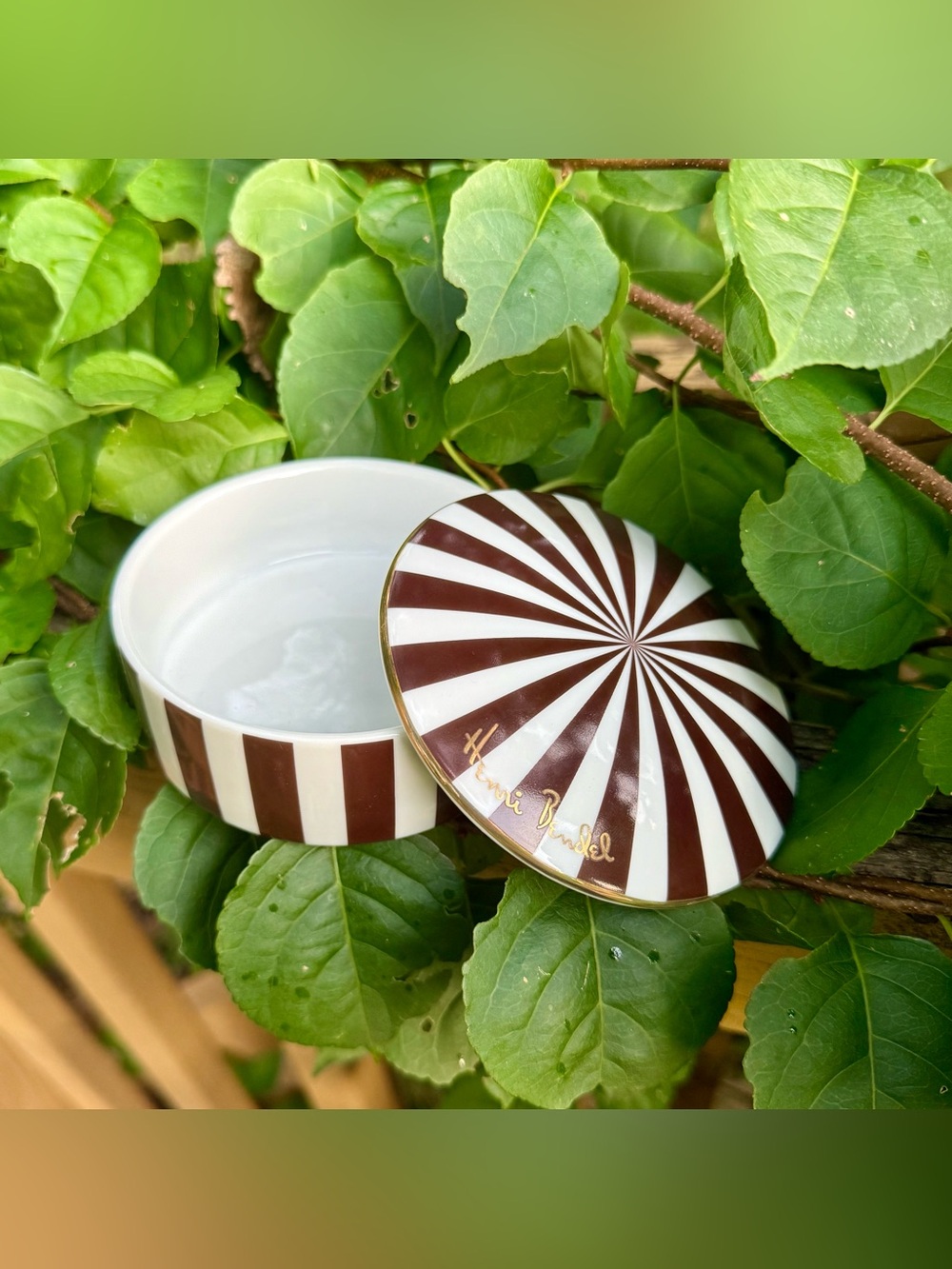 Henri Bendel Round Ceramic Trinket or Jewelry Box Lidded Brown & White Stripes